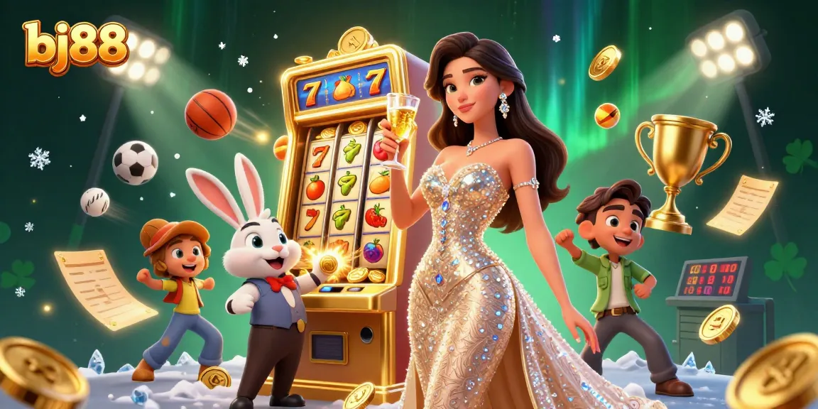 Experience thrilling wins at bj88, where a glamorous woman celebrates beside a jackpot slot machine and dynamic gameplay elements.