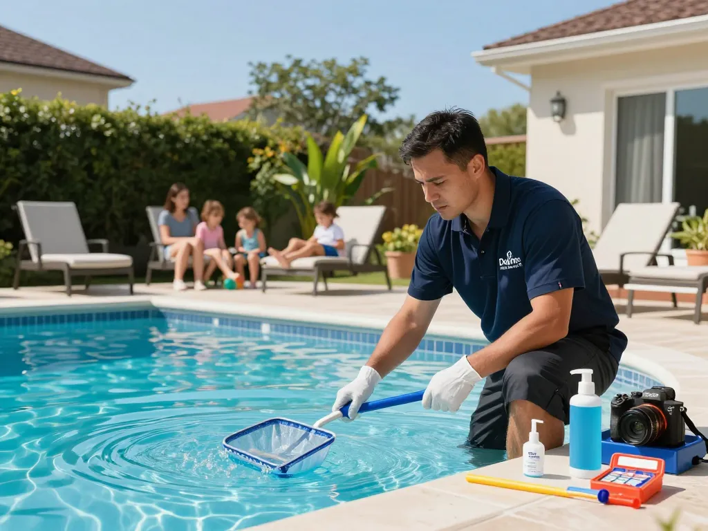 Dolphin Pool Services technician checking water quality by a sparkling residential pool, enhancing customer satisfaction