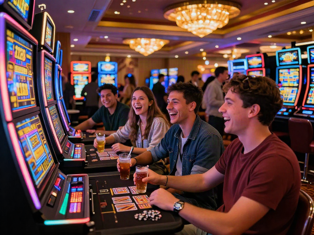 Group enjoying the bro138 slot in a lively casino environment with neon lights and excitement.