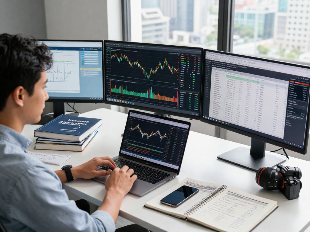 Engaged trader using MetaTrader 5 in a modern workspace with multiple monitors.