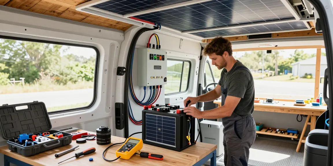 Campervan conversion with rokok 88 dual battery system installation in a workshop setting.