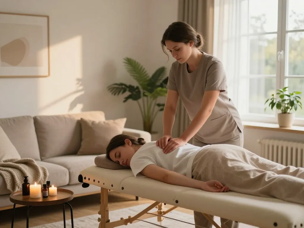 편안한 거실에서 이완 치료를 제공하는 https://www.russiamobilemassage.com 치료사를 보여주는 모바일 마사지 장면.