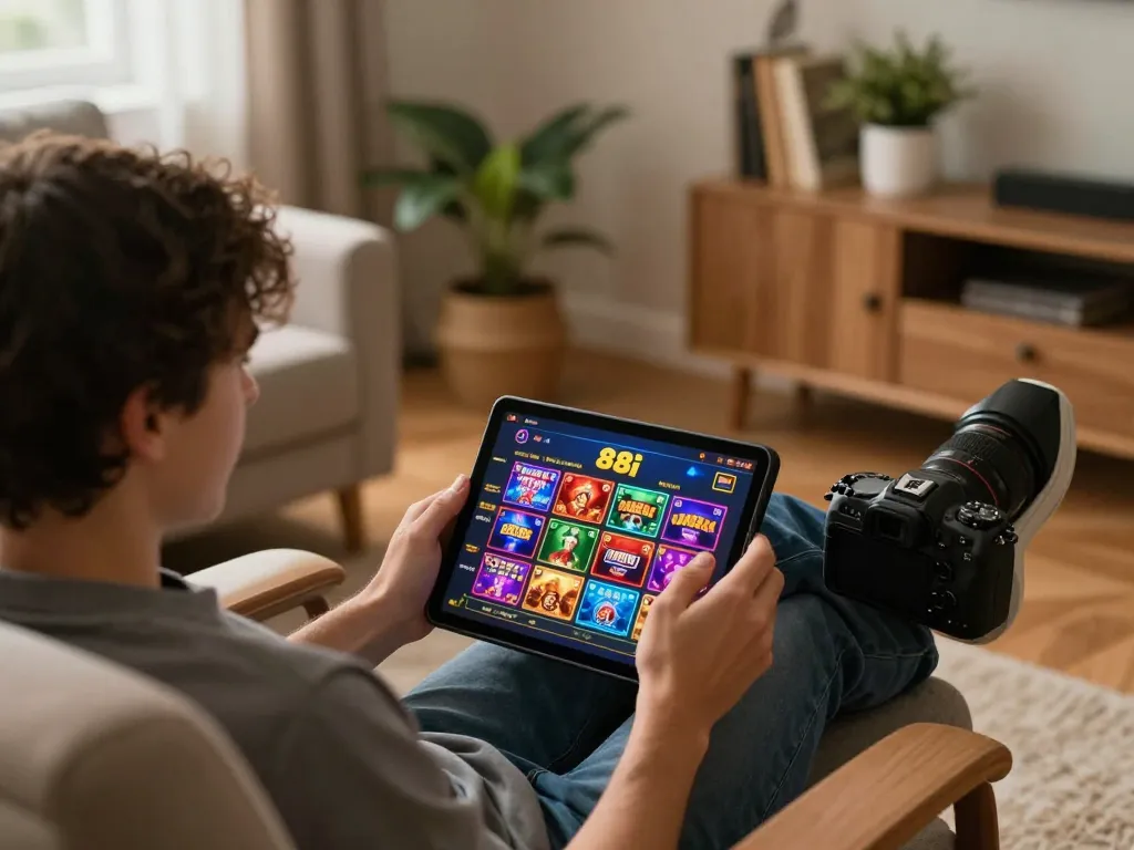 Player enjoying casino gaming on 88i app in a cozy home setting, showcasing tablet interface.