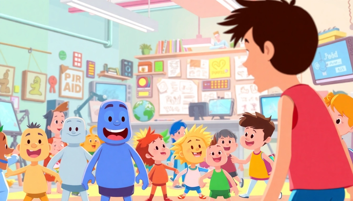 Animierte Charaktere in der lebendigen Darstellung von 2D Animation in einem kreativen Arbeitsumfeld.