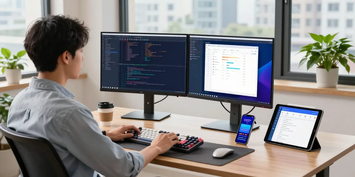 Efficient software development workspace featuring 截图软件下载 on dual monitors and productivity tools.