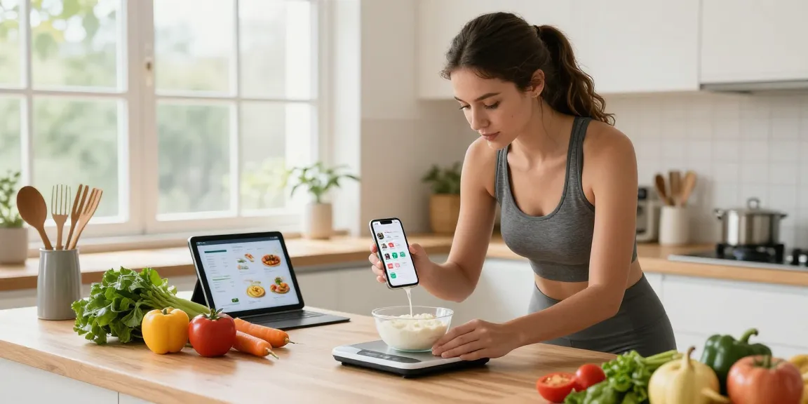 Best food tracker showcased with a user-friendly kitchen setup preparing healthy meals.