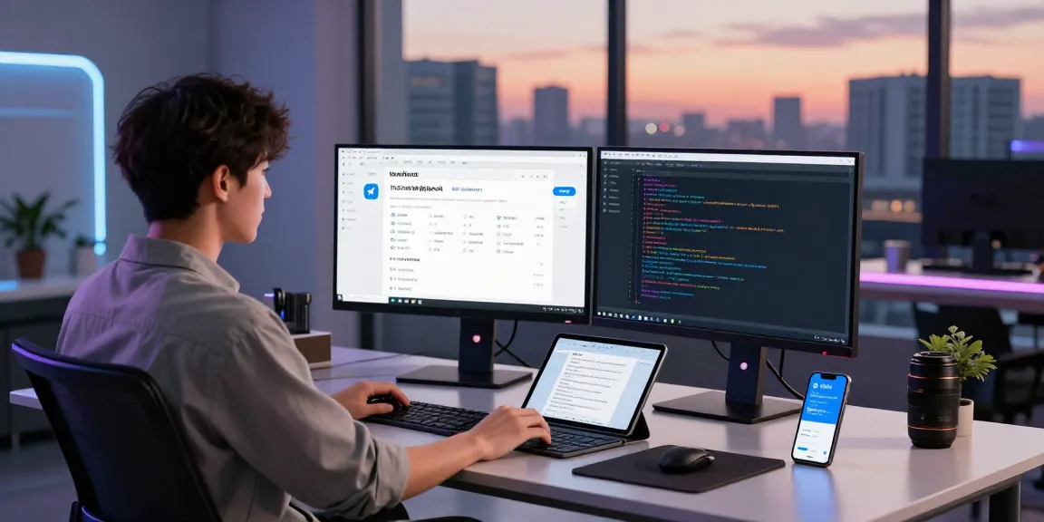 Developer working on telegram中文 interface in a modern tech workspace