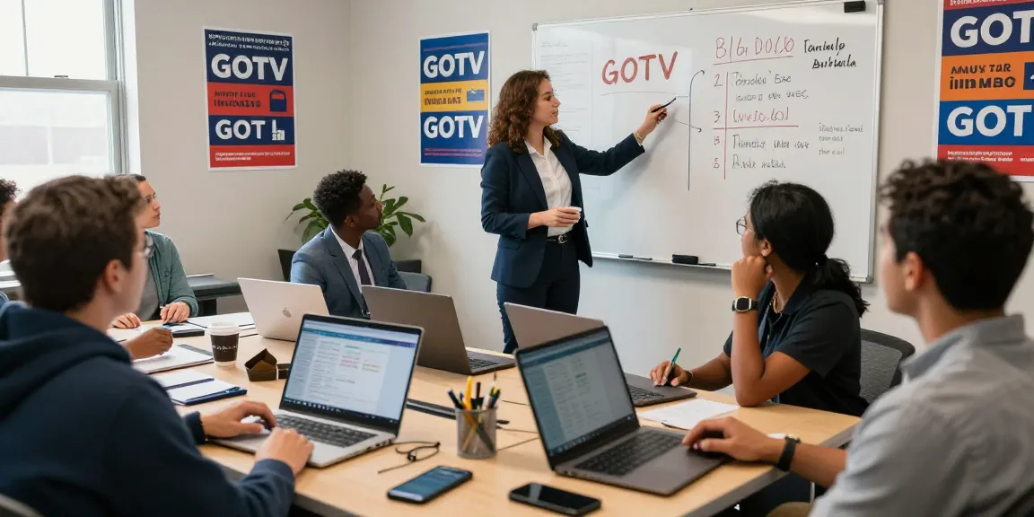 Engaged team developing GOTV text messaging strategies in a vibrant political campaign office