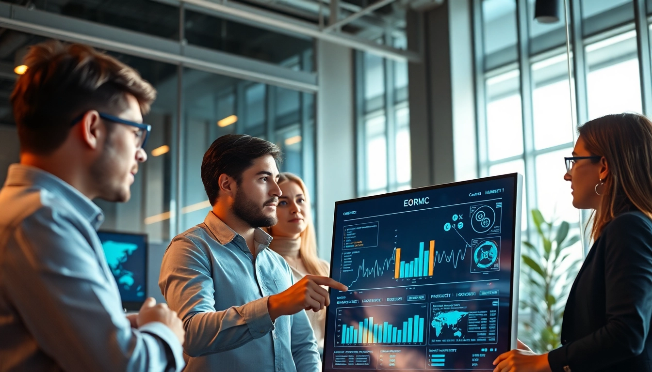 Engineers collaborating on EORMC AI blockchain development strategy in a modern office.