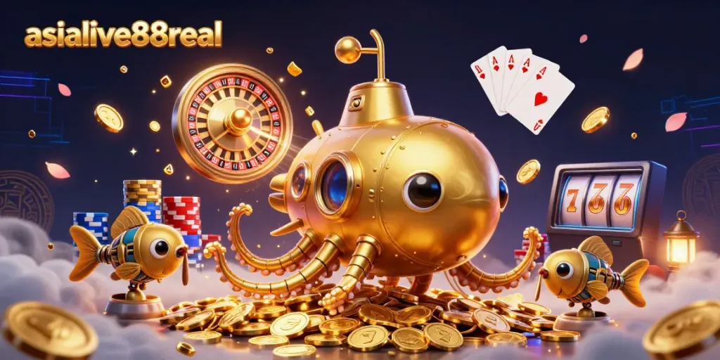 Engage with thrilling gameplay at asialive88real, featuring a golden kraken submarine amidst dynamic casino elements like coins and cards.