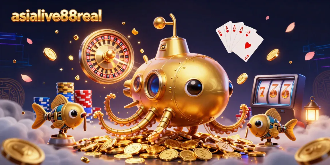 Engage with thrilling gameplay at asialive88real, featuring a golden kraken submarine amidst dynamic casino elements like coins and cards.