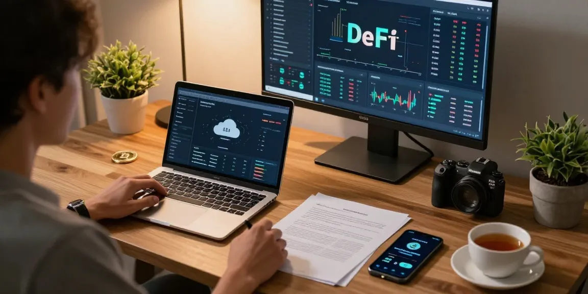 cloud mining passive income strategies illustrated in a cozy home office with DeFi analytics dashboard and digital wallet.