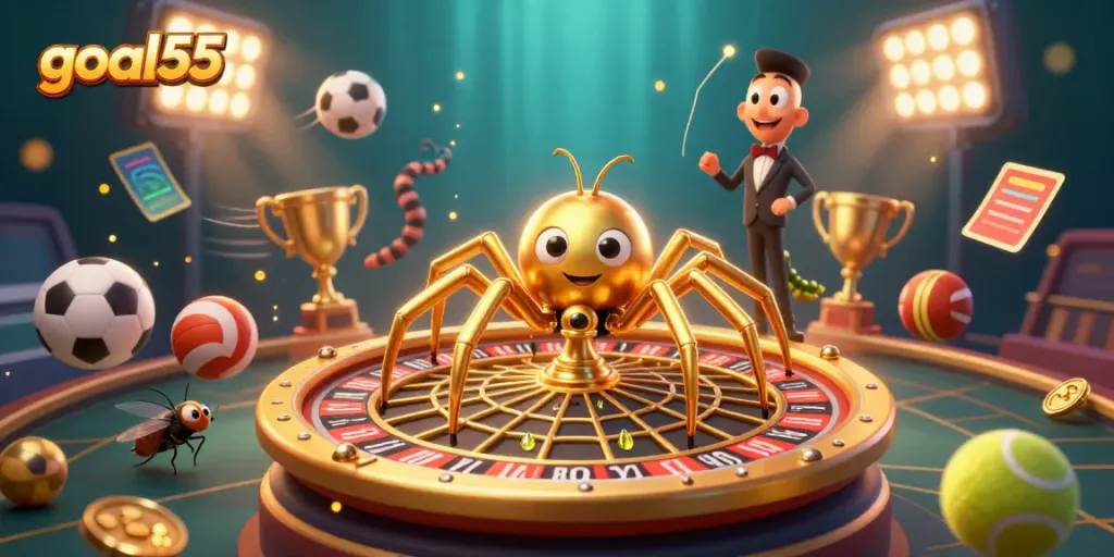Menangkan taruhan Anda di goal55 dengan ilustrasi 3D menarik yang menggambarkan permainan kasino.