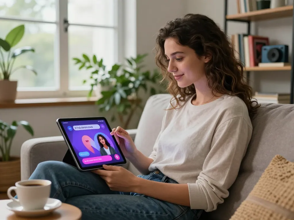 Engaging in an interactive sex chat AI experience on a tablet in a cozy environment.