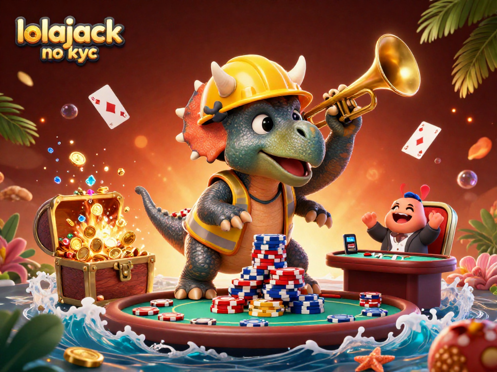 Join the fun with lolajack no kyc as a triceratops builds a poker chip pyramid in a colorful casino scene.