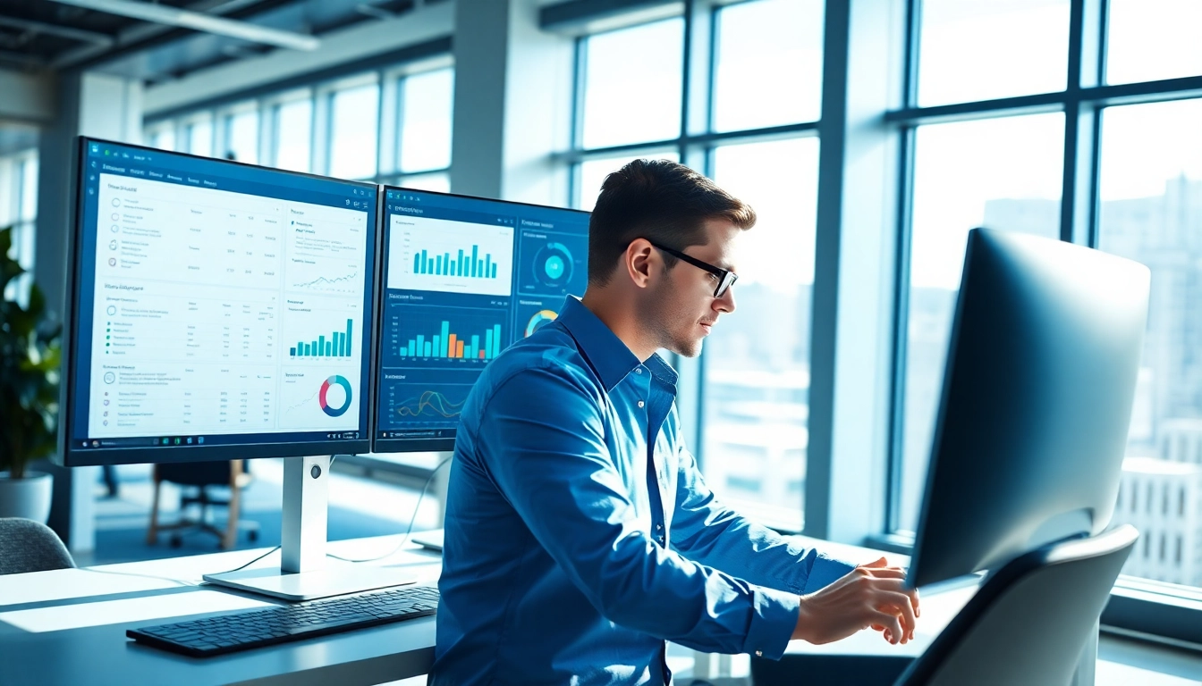Visually engaging scene of a professional scraping linkedin and sales navigator leads with dual monitors.