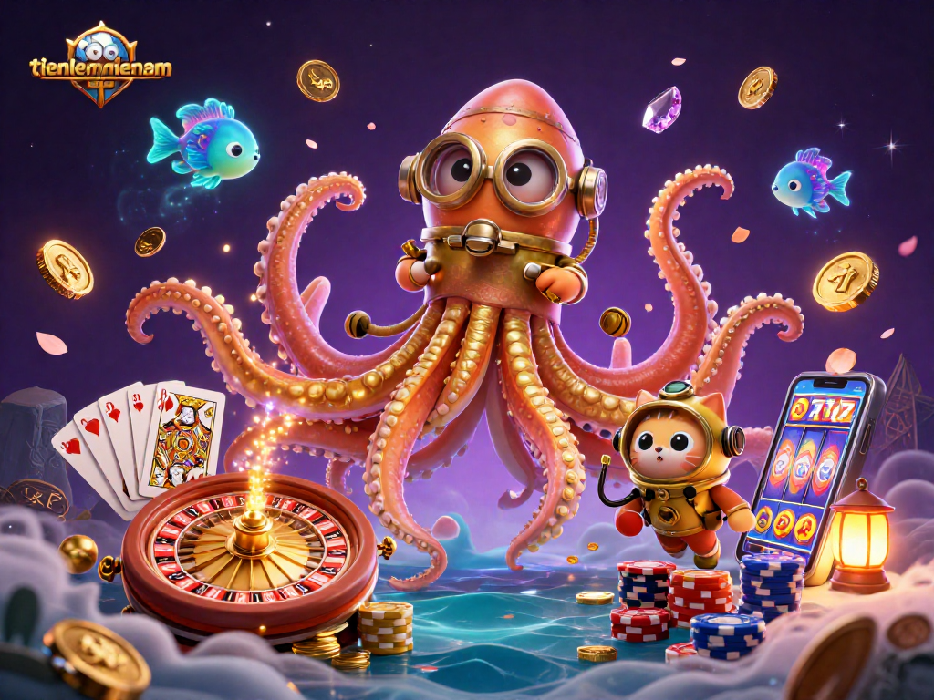 Engage in thrilling gameplay at tienlenmiennam with a kraken, cat diver, and vibrant casino elements