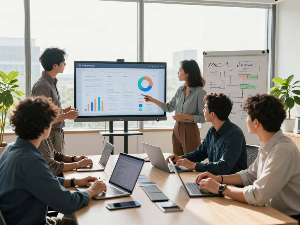 Collaborative team in a modern office discussing strategy for XPAY33 official site success.