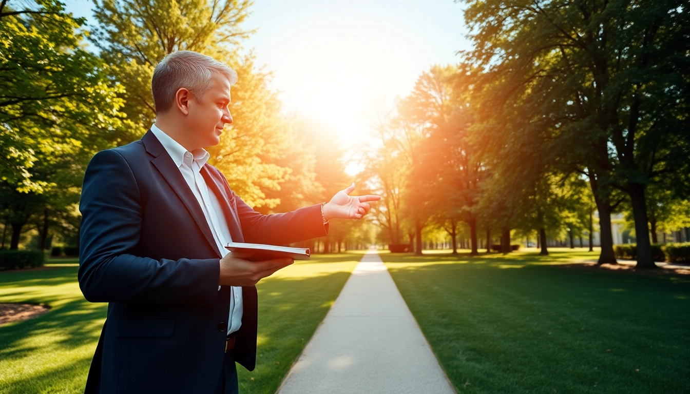 Find my true calling illustrated by a career coach guiding an individual toward a bright path in nature.
