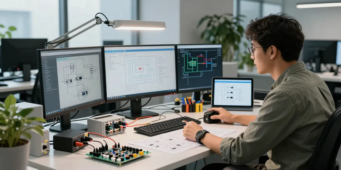 Engineer utilizing various IEC connectors in a modern workspace, showcasing innovative technology and collaboration.