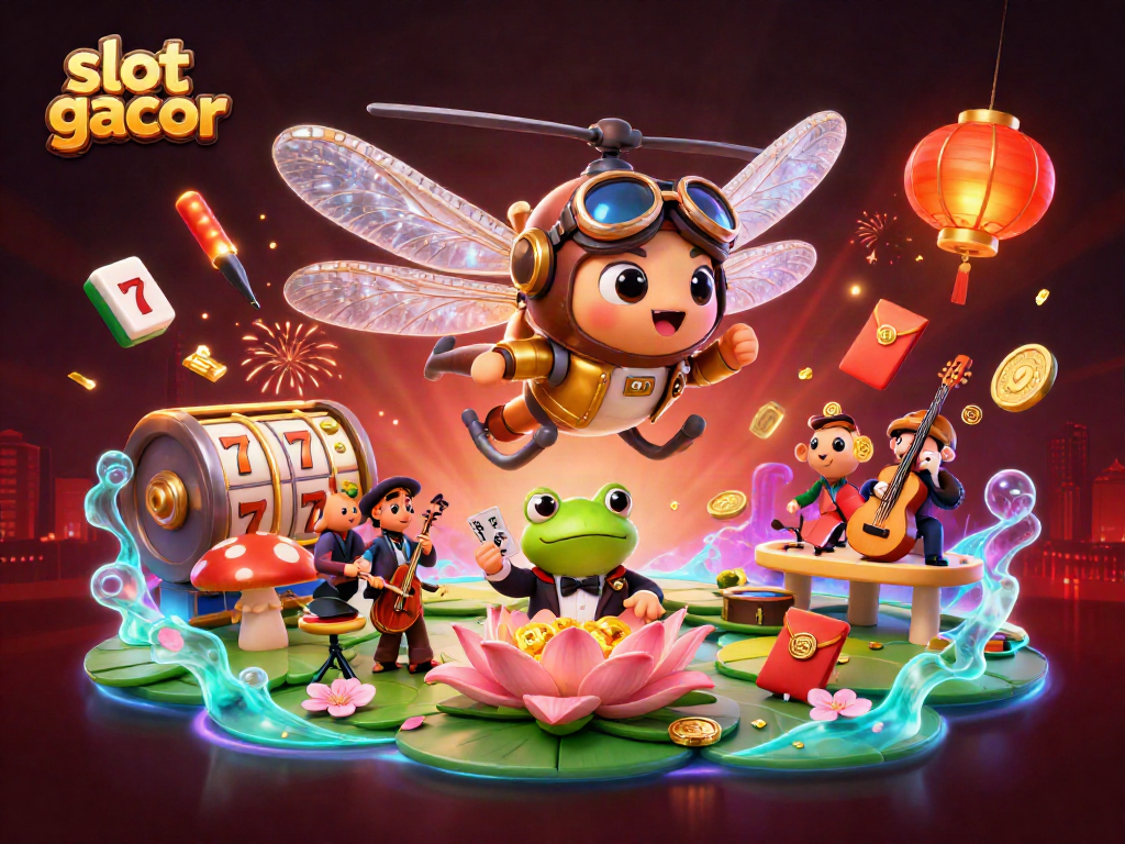 Engage in slot gacor action with lively characters amidst vibrant casino elements.