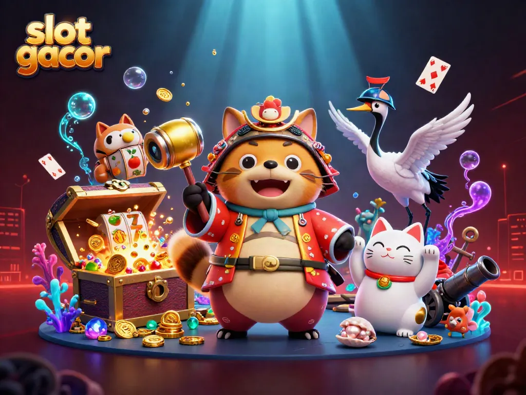 Menangkan slot gacor dengan simbol slot yang meriah dan karakter bertema kasino dalam pemandangan magis.