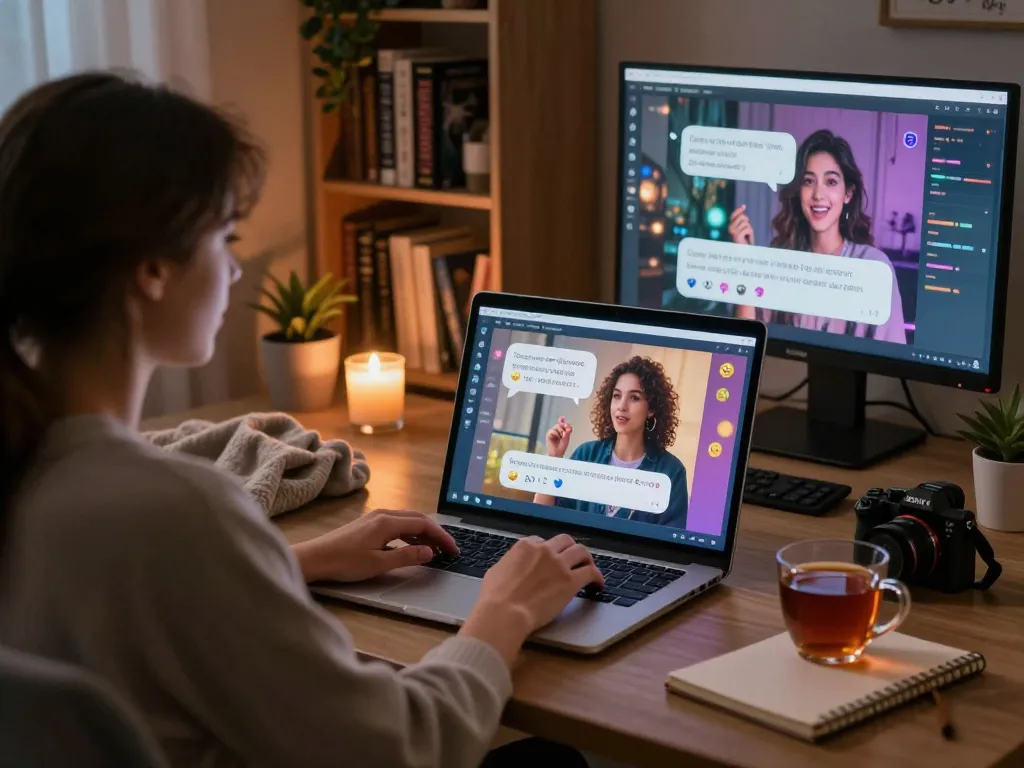 Engaging in sex chat AI with a lifelike companion in a cozy digital workspace.