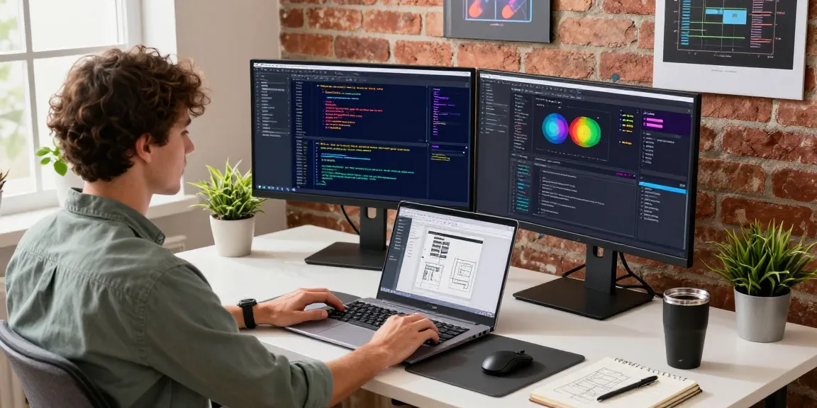 Developer in a modern workspace using telegram中文 interface on screens with vibrant code and tech tools.