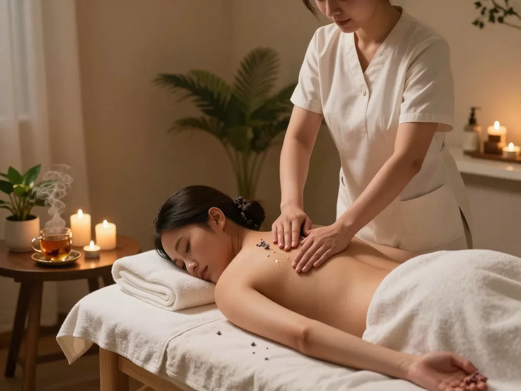 A soothing 신사동마사지 experience in a tranquil spa, featuring a therapist with calming oils and soft lighting.