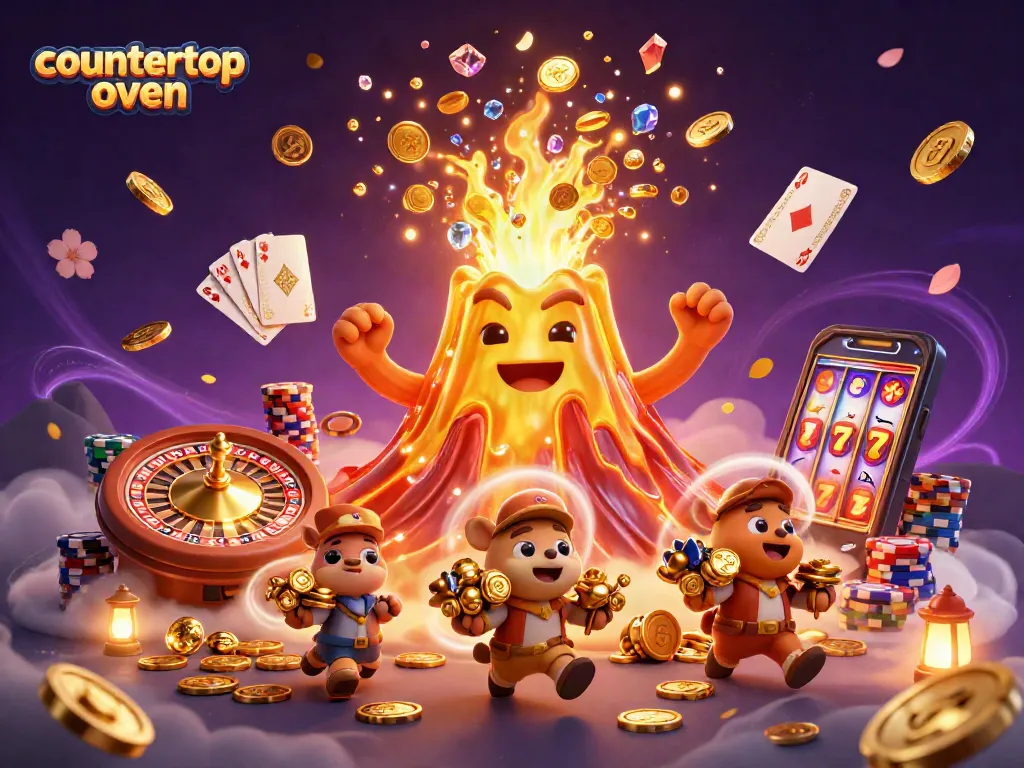 Experience the thrilling countertop oven jackpot with cascading coins and winning cards!