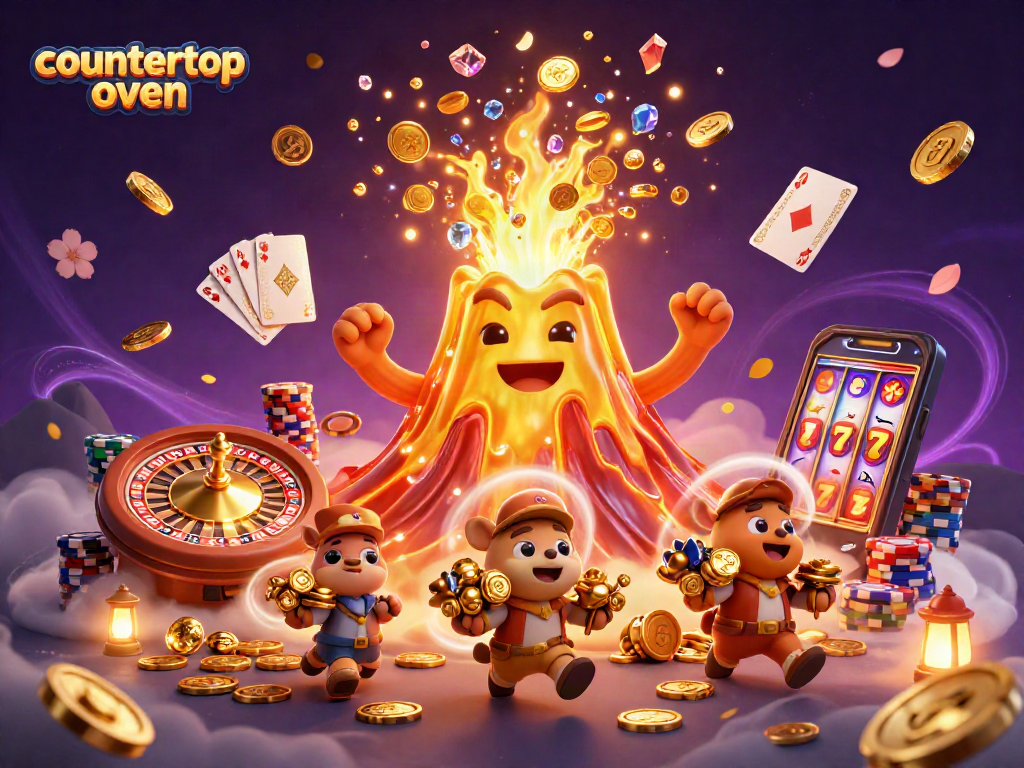 Experience the thrilling countertop oven jackpot with cascading coins and winning cards!