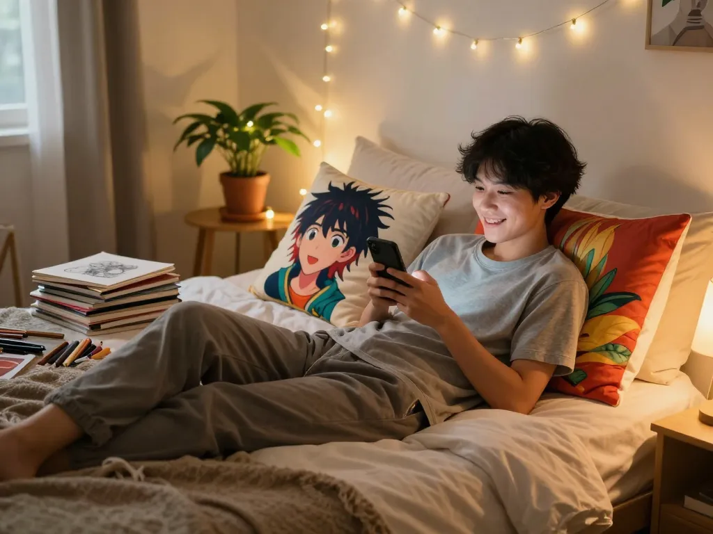 Custom body pillow designs in a cozy bedroom with a person enjoying comfort and creativity.