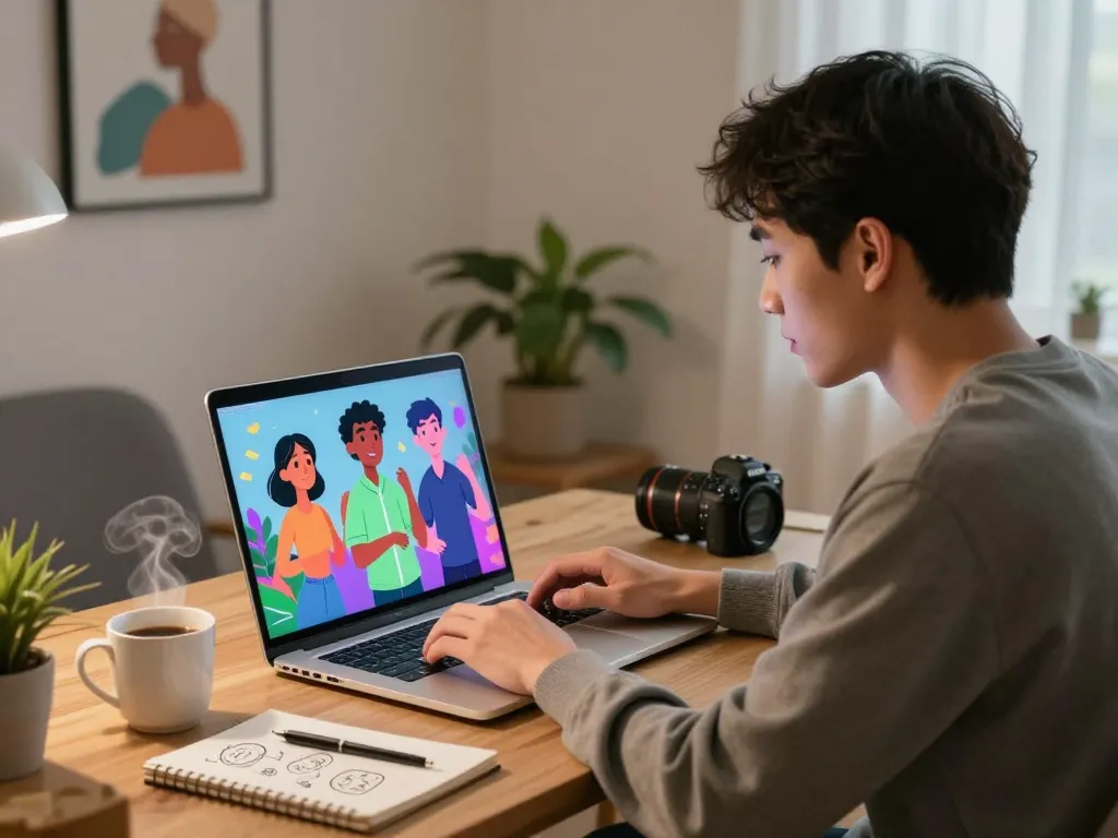 NSFW AI character interaction on laptop in cozy home office.