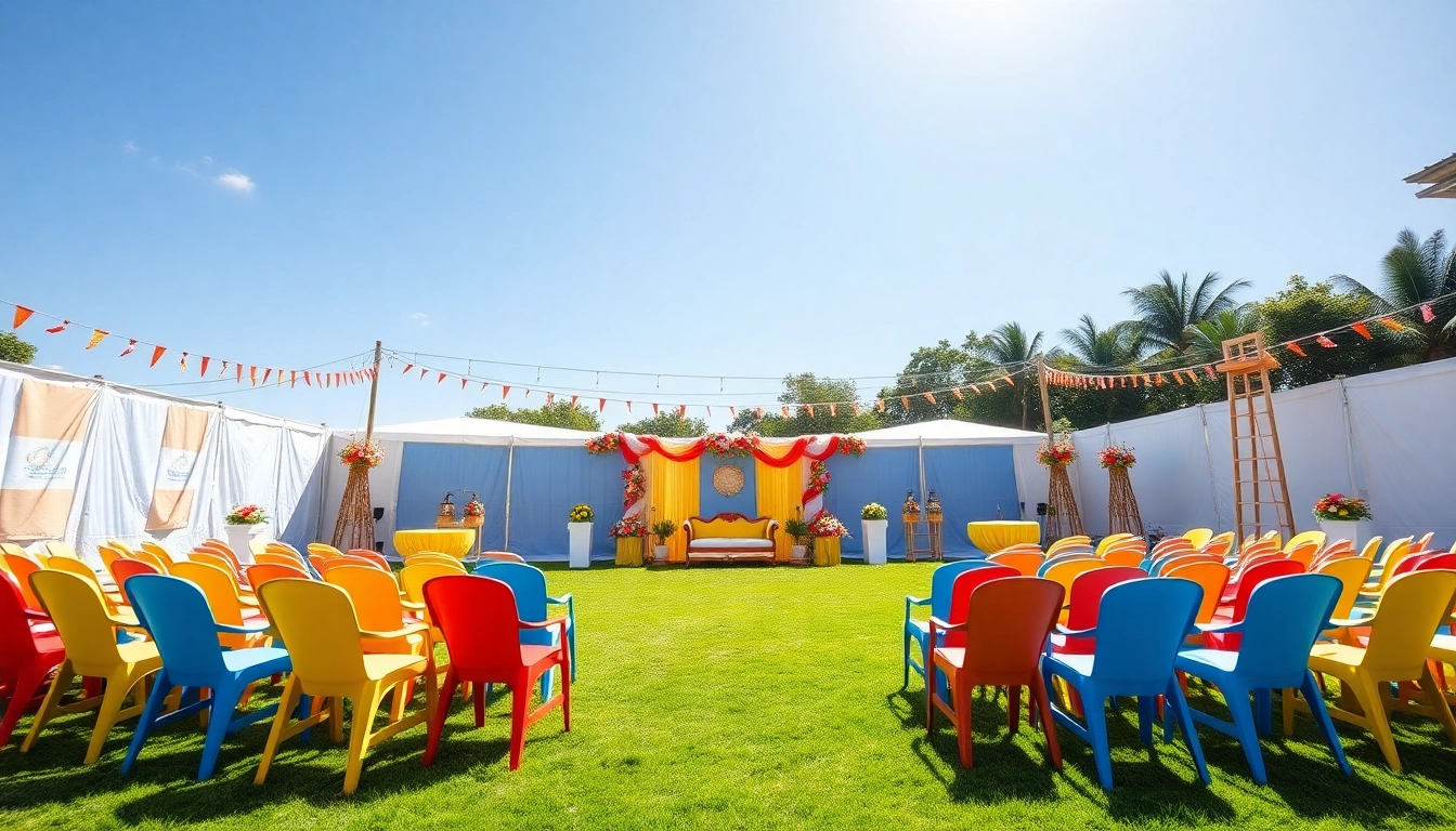 Explore stylish chair rentals in a vibrant outdoor event setting with bright colors.