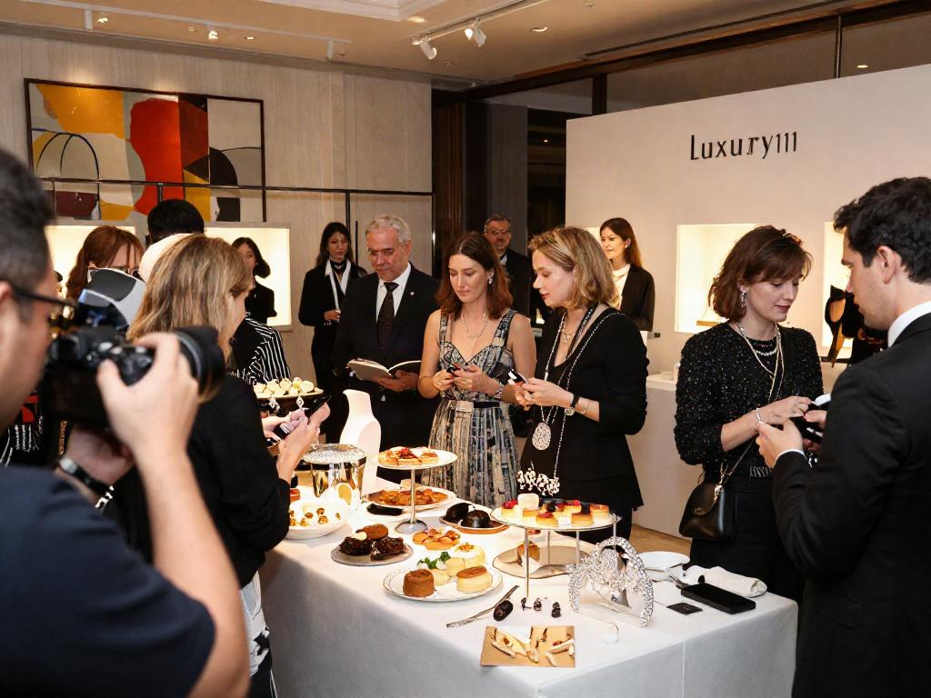 Gaya hidup mewah di acara fashion dengan logo luxury111 yang terlihat.