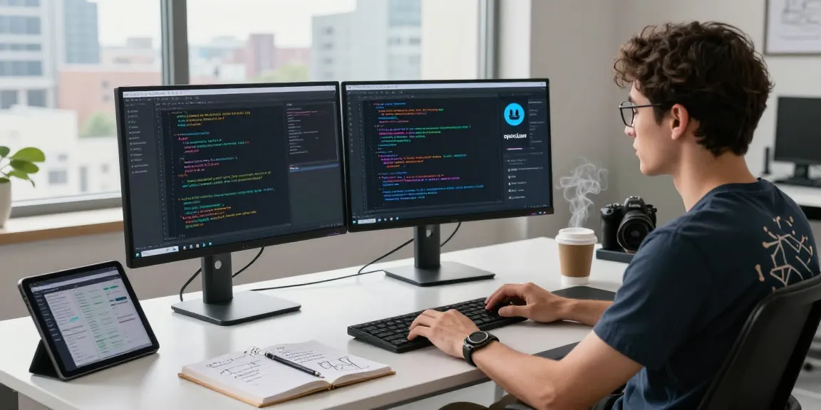 Developer using openclaw ai at modern tech workspace with dual monitors and urban skyline.
