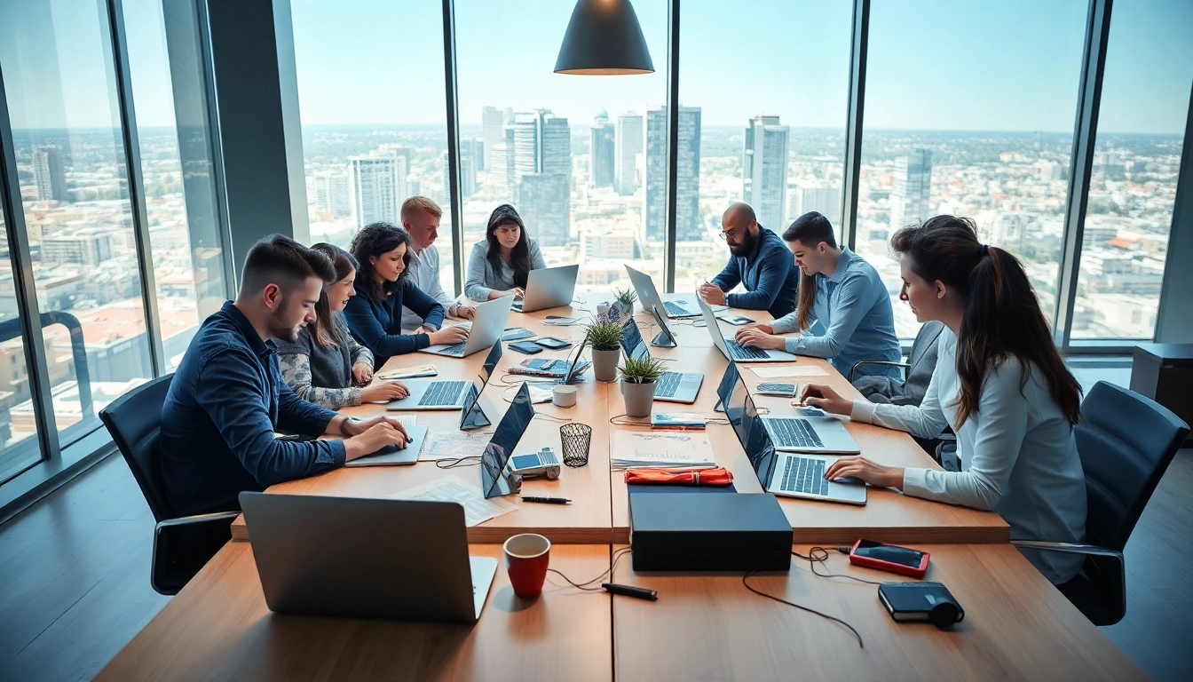 Showcasing web design Edmonton, a diverse team collaborates in a modern workspace.