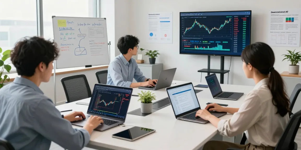 Developers discussing Japan stock WebSocket API in a modern fintech workspace with stock data on screens.