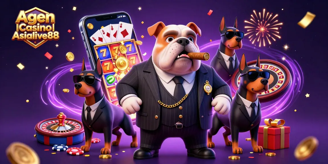 Agen Casino Asialive88 showcases a vibrant casino scene with a mafia bulldog boss and dynamic game elements.