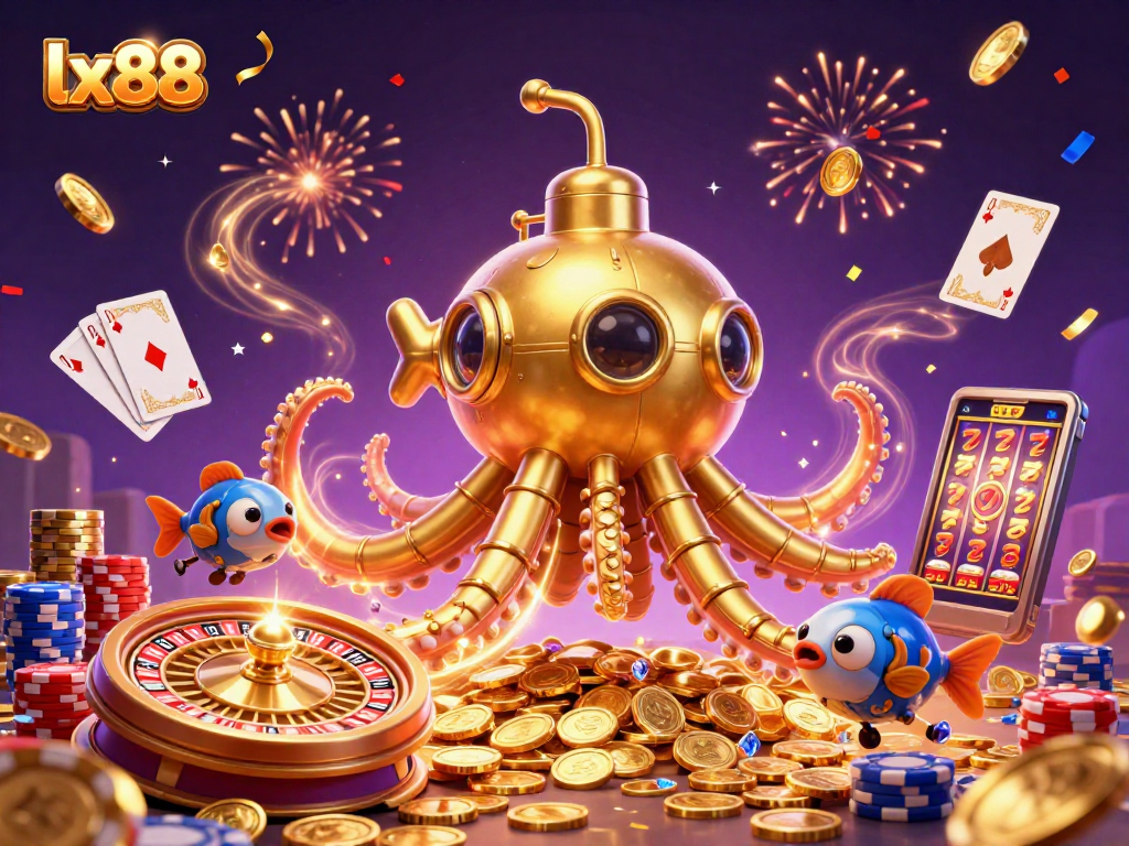 Experience thrilling gameplay at lx88 with a vibrant 3D scene featuring a kraken submarine and casino elements
