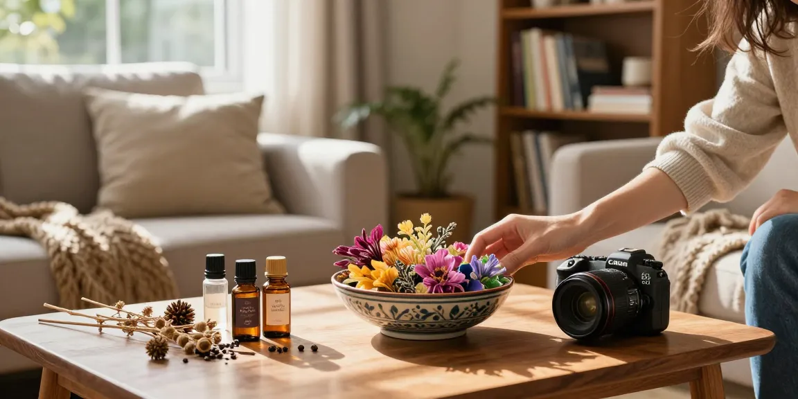 Buy premium potpourri blends displayed artfully in cozy living room.