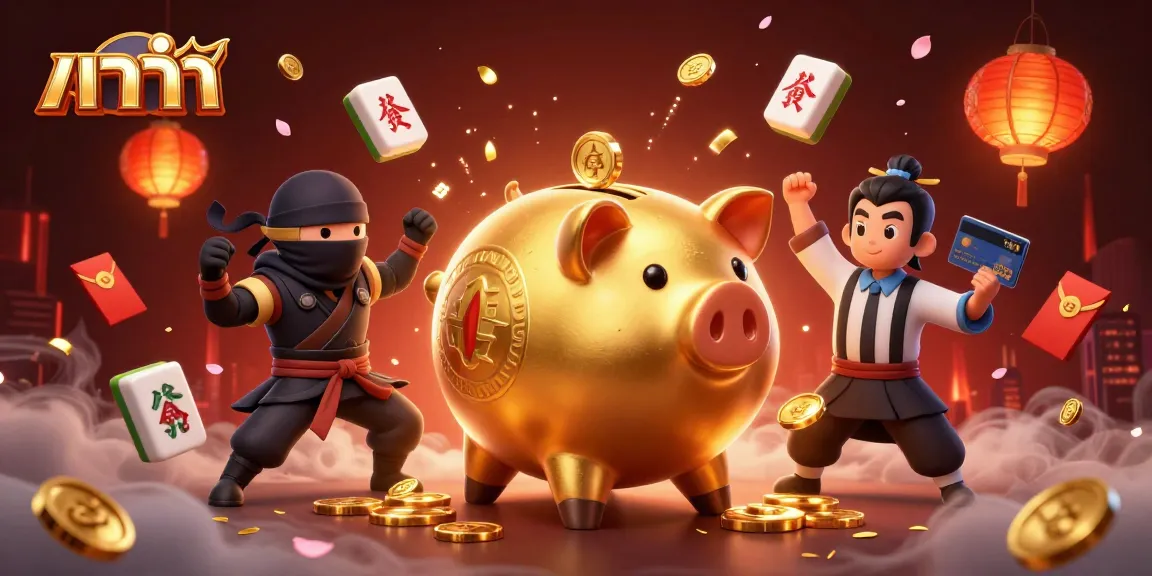 Experience the excitement of บาคาร่า with a dynamic scene featuring a golden piggy bank sumo wrestler and gaming elements.