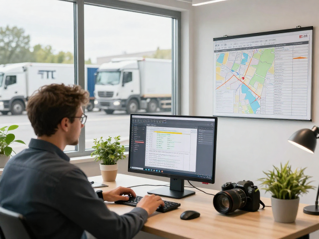 FTL Transport Dortmund: Transportmanager überwacht Logistikprozesse in modernem Büro.