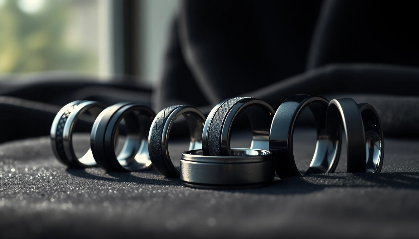 Showcase of elegant Black Wedding Rings for Men highlighting unique designs and textures.