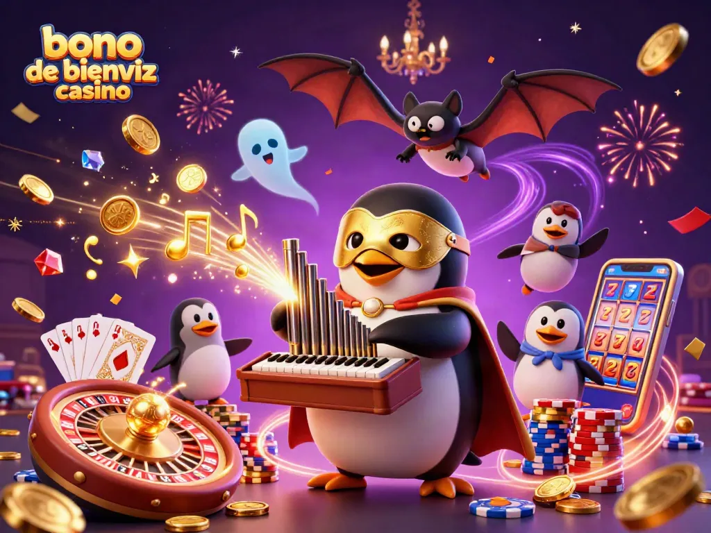 Un emocionante bono de bienvenida casino con un pingüino fantasma que toca un órgano, lanzando monedas doradas.