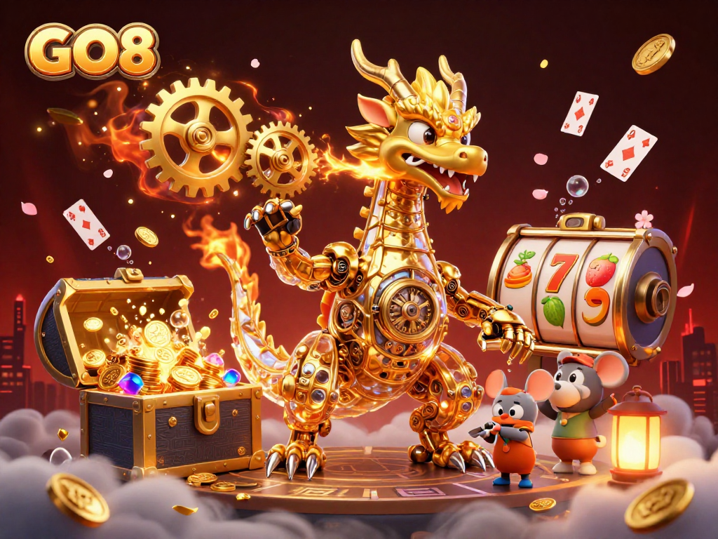 Engage in winning strategies at GO8, featuring a golden dragon amidst vibrant casino elements.