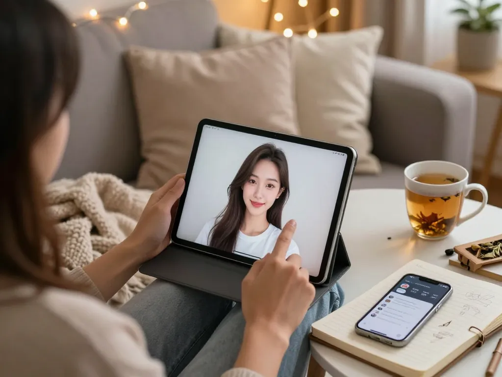 Engaging with an AI girlfriend on a sleek tablet in a cozy living room.