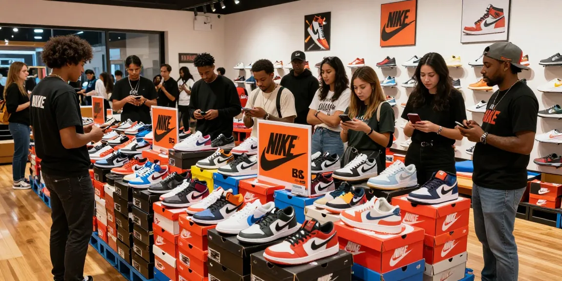 Nike sneakers pallets for sale with diverse customers exploring authentic sneaker options in a vibrant retail space.