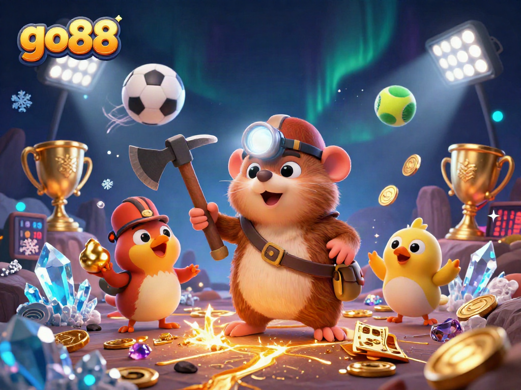Join the go88 treasure hunt with a mole, canary, and vibrant casino elements.