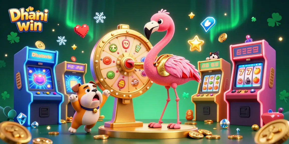 Dhani win showcases a vibrant casino scene with a game show host, a bulldog contestant, and a scoreboard cat assistant spinning a prize wheel.
